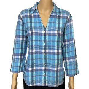 Jordan Womens XL Linen Blend Blue Plaid 3/4 Sleeve Button Up V-Neck Blouse Shirt